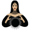 A beautiful woman holding a black circle in her hands.