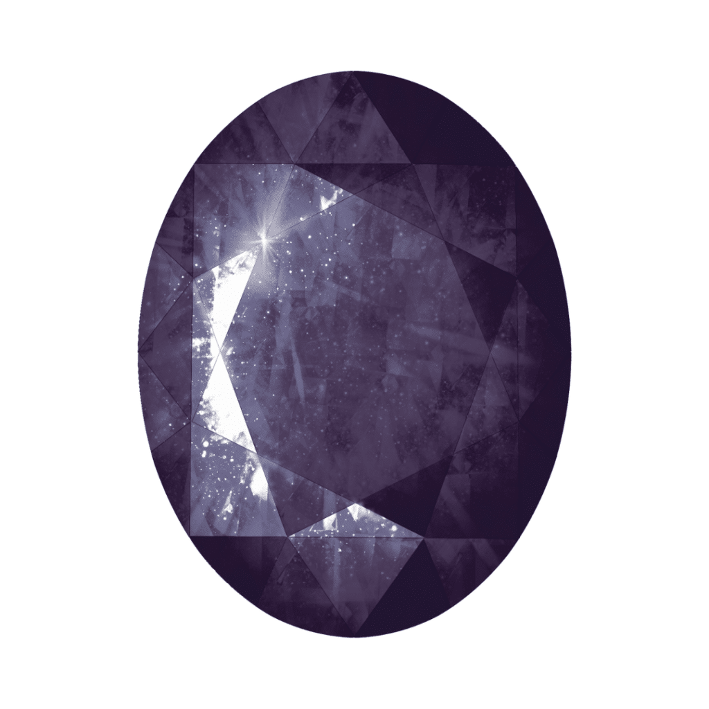 An oval shaped purple sapphire with a light shining through it.