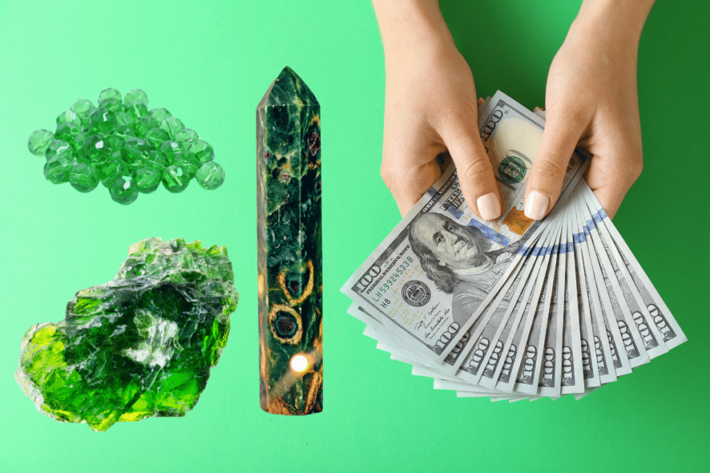 A hand holding green crystals and money on a green background.