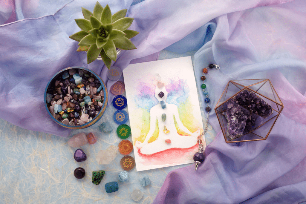 A group of stones, crystals, and a card on a blue background.