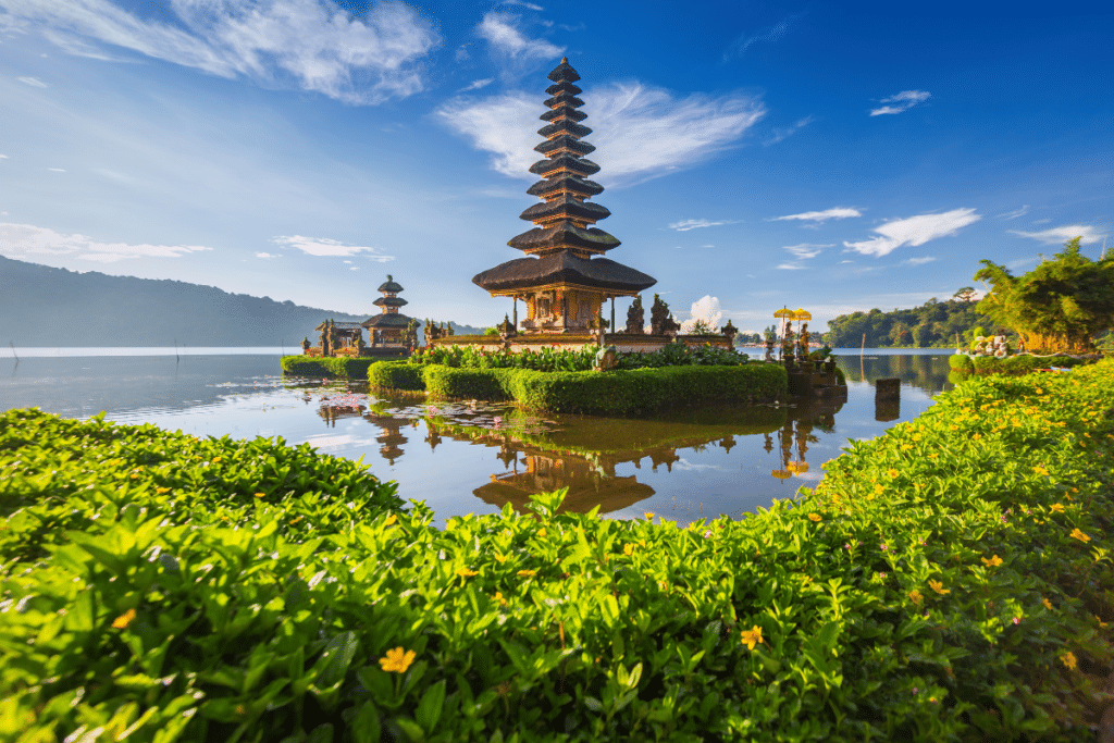 A pagoda on a lake in bali, indonesia.