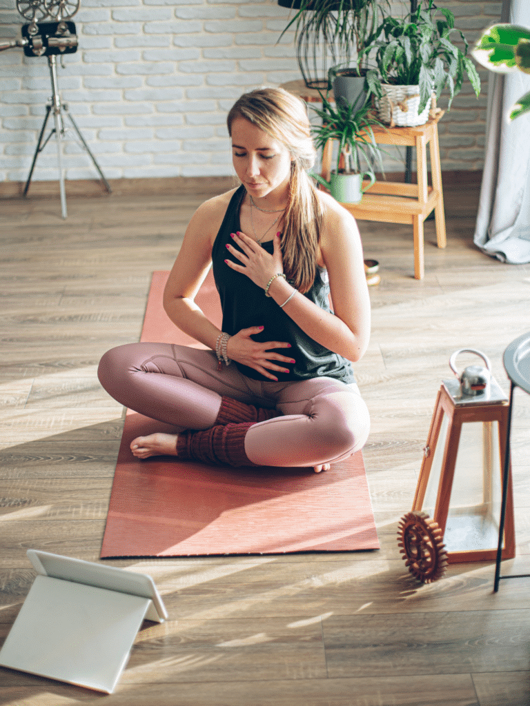 A woman is sitting on a yoga mat in front of a laptop.