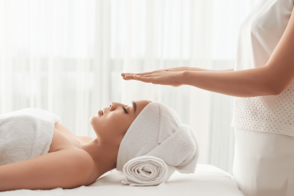 A woman is getting a massage in a spa.