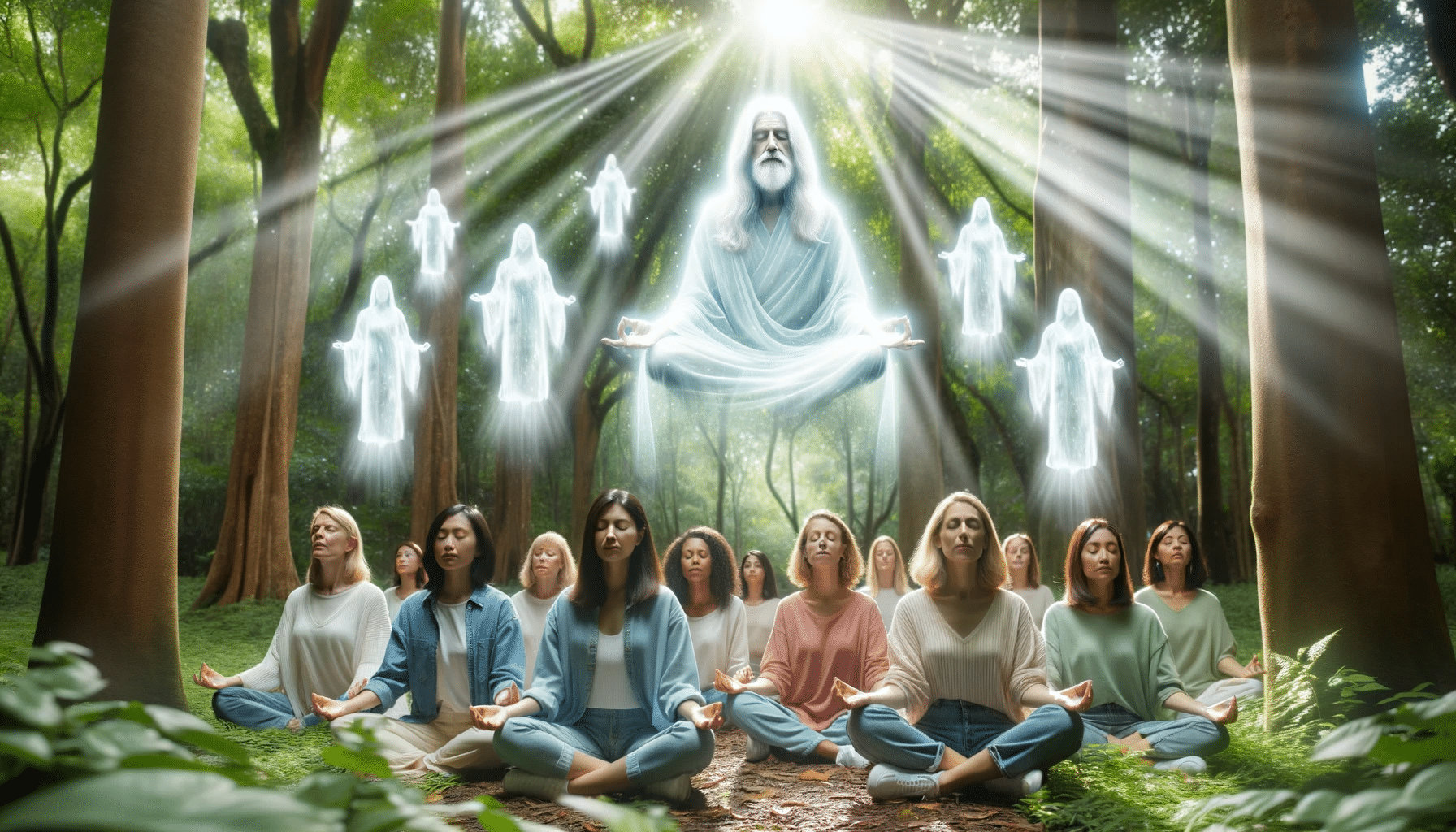 A group of people meditating in the forest.