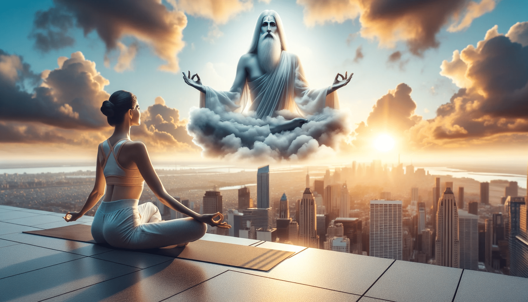 A woman is meditating in front of a city skyline.